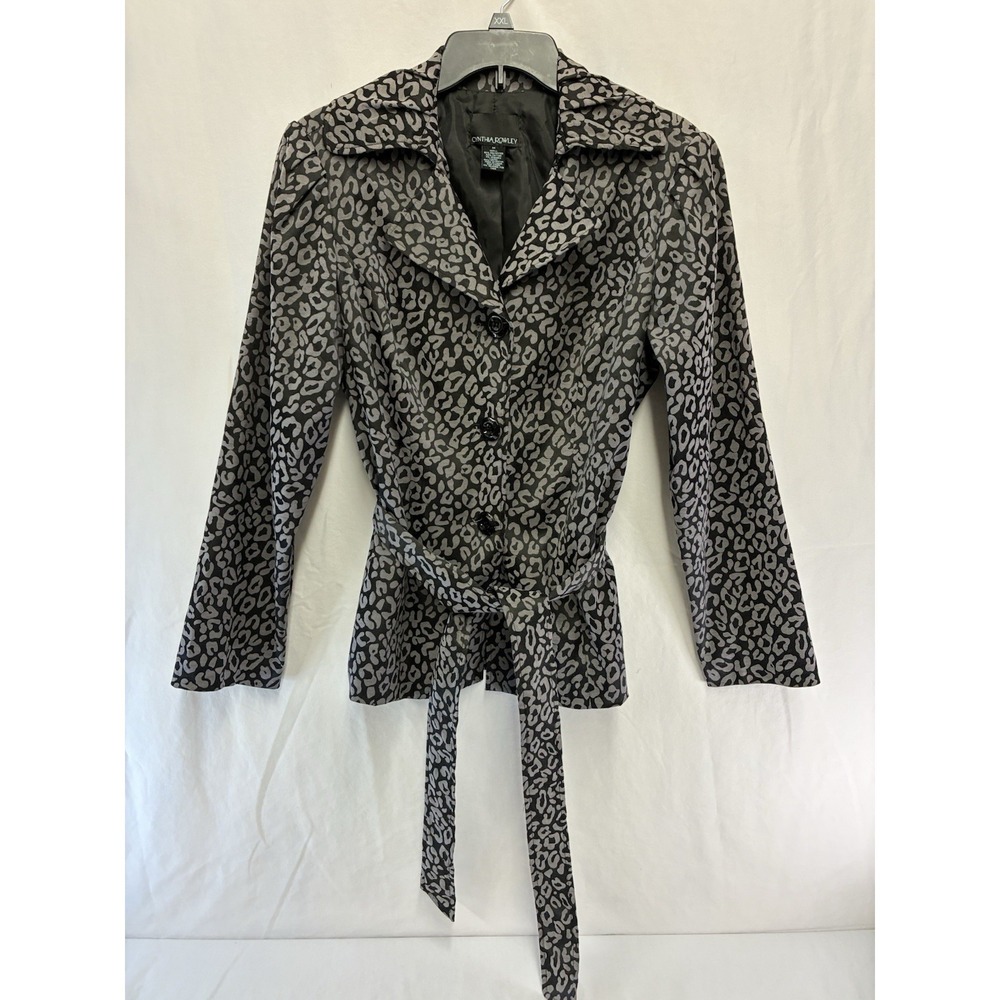 Cynthia Rowley Womens Leopard Print Jacket M Black Gray Button Front Blazer Coat